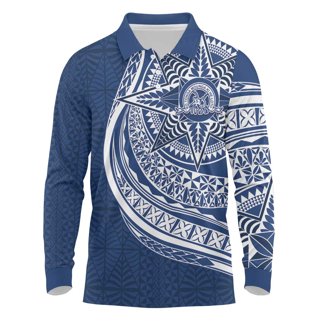 Tonga Queen Salote College Personalized Long Sleeve Polo Shirt Ngatu Tokelaufeletoa Motifs LT7 Navy Blue - Polynesian Pride