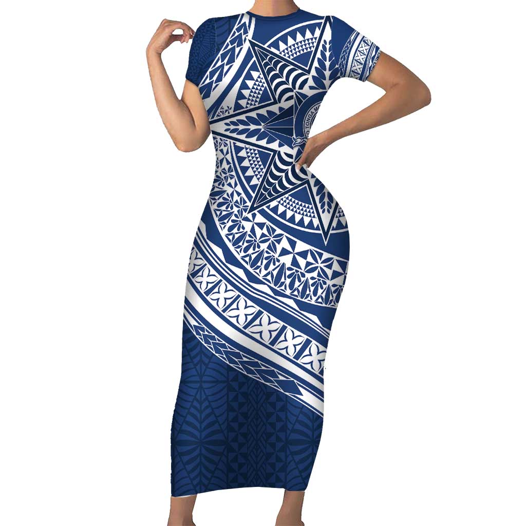 Tonga Queen Salote College Personalized Short Sleeve Bodycon Dress Ngatu Tokelaufeletoa Motifs LT7 Long Dress Navy Blue - Polynesian Pride