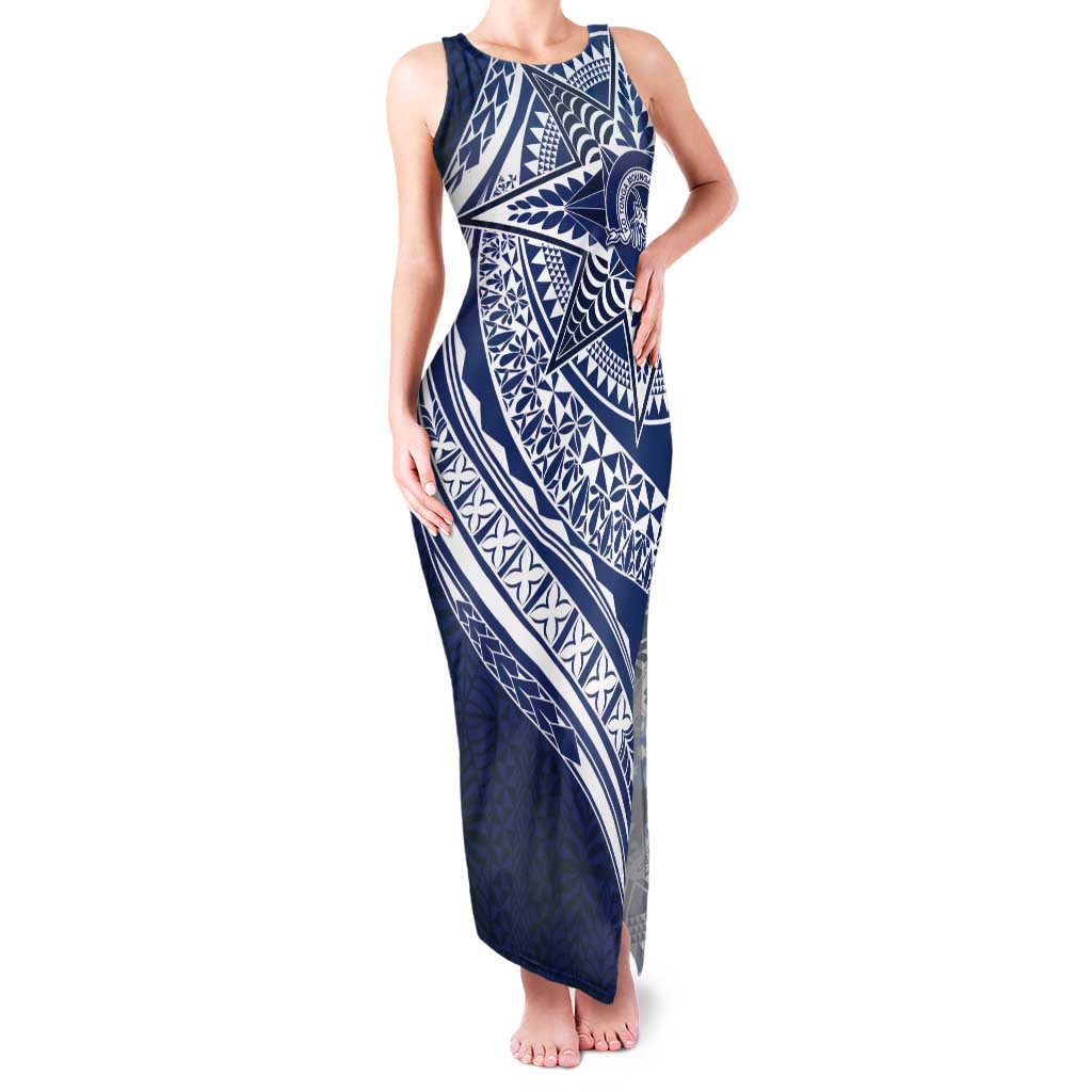 Tonga Queen Salote College Personalized Tank Maxi Dress Ngatu Tokelaufeletoa Motifs LT7 Women Navy Blue - Polynesian Pride