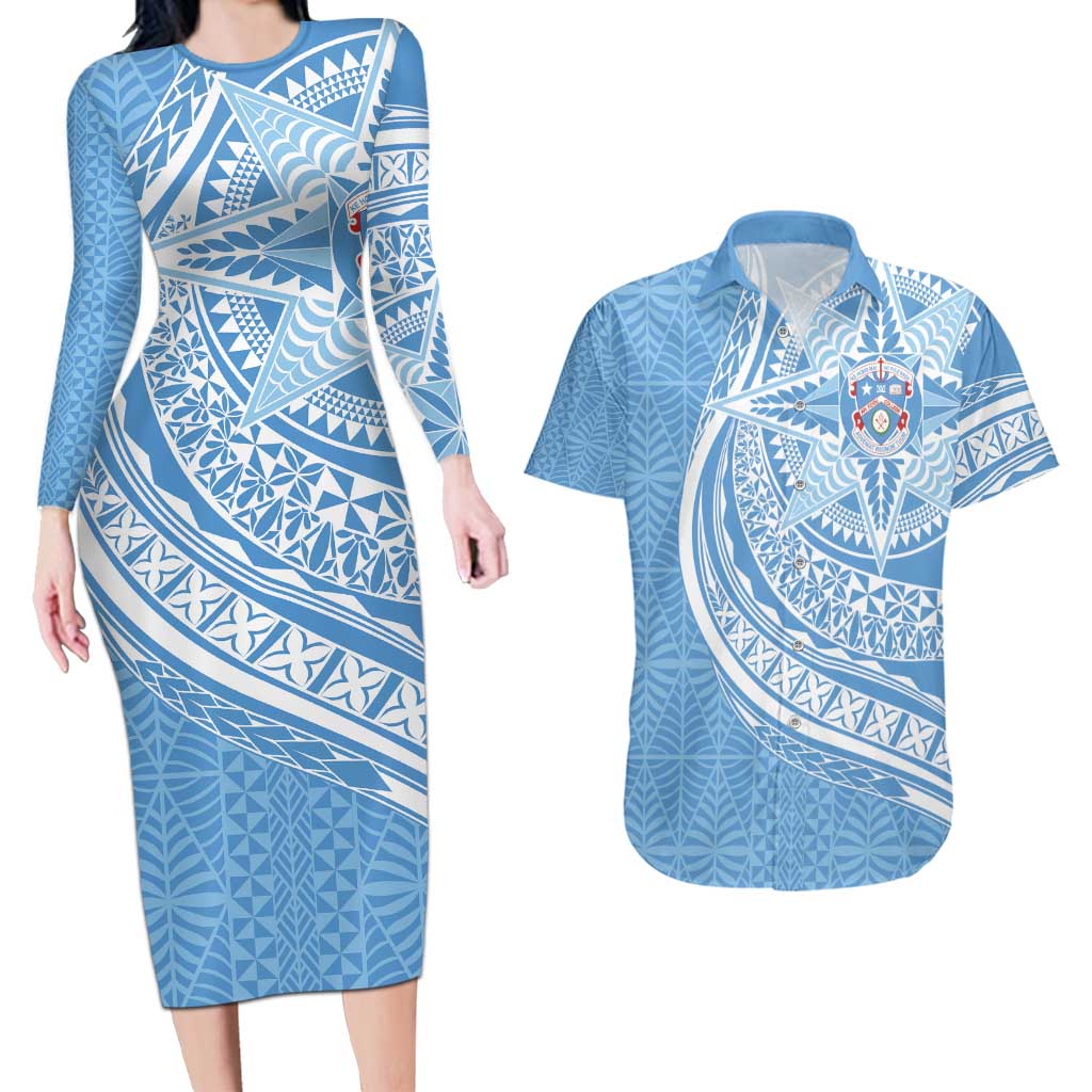 Tonga Apifo'ou Kolisi Personalized Couples Matching Long Sleeve Bodycon Dress and Hawaiian Shirt Ngatu Tokelaufeletoa Motifs LT7 Light Blue - Polynesian Pride