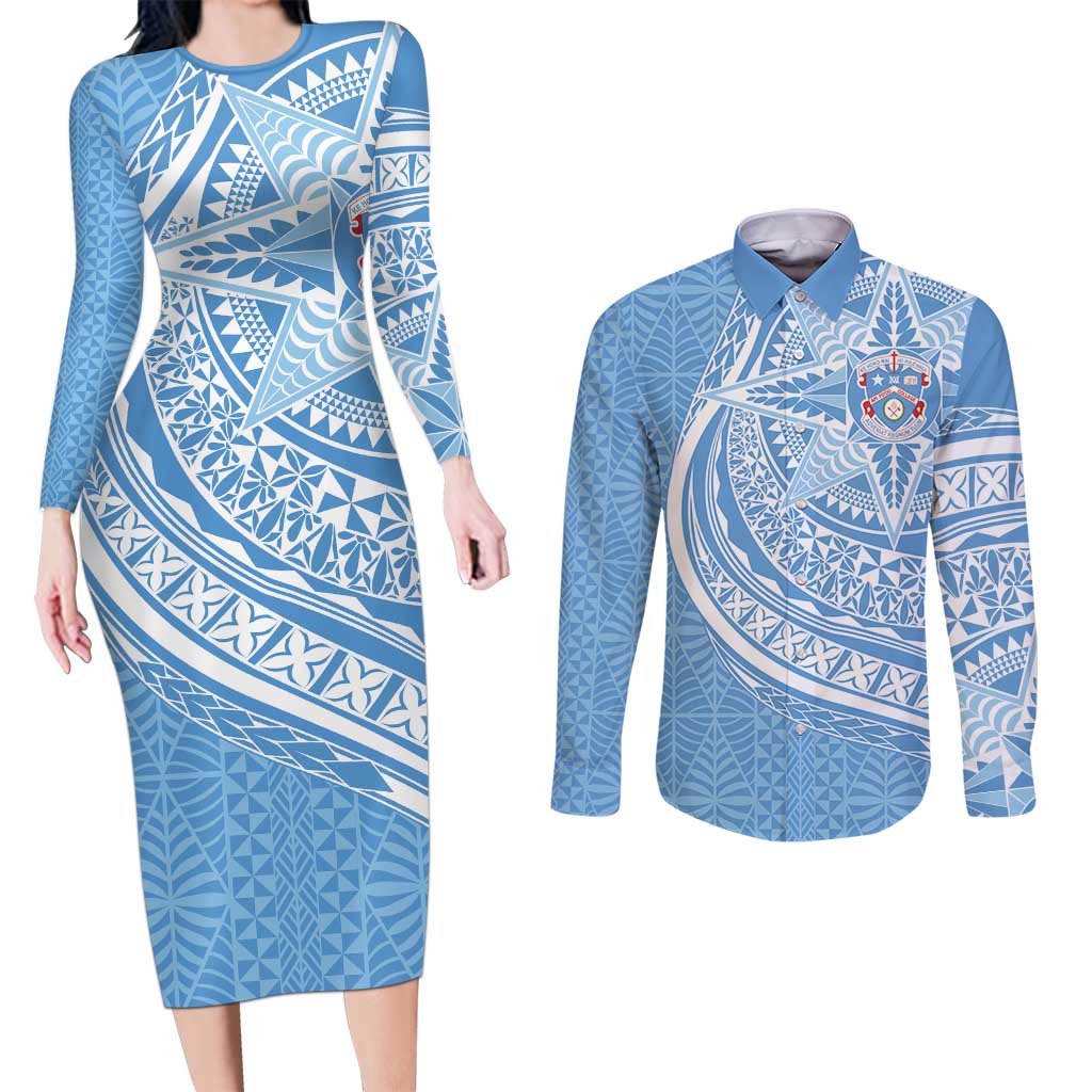 Tonga Apifo'ou Kolisi Personalized Couples Matching Long Sleeve Bodycon Dress and Long Sleeve Button Shirt Ngatu Tokelaufeletoa Motifs LT7 Light Blue - Polynesian Pride