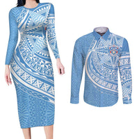 Tonga Apifo'ou Kolisi Personalized Couples Matching Long Sleeve Bodycon Dress and Long Sleeve Button Shirt Ngatu Tokelaufeletoa Motifs LT7 Light Blue - Polynesian Pride