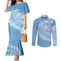 Tonga Apifo'ou Kolisi Personalized Couples Matching Mermaid Dress and Long Sleeve Button Shirt Ngatu Tokelaufeletoa Motifs LT7 Light Blue - Polynesian Pride