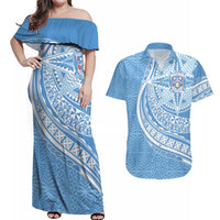 Tonga Apifo'ou Kolisi Personalized Couples Matching Off Shoulder Maxi Dress and Hawaiian Shirt Ngatu Tokelaufeletoa Motifs LT7 Light Blue - Polynesian Pride