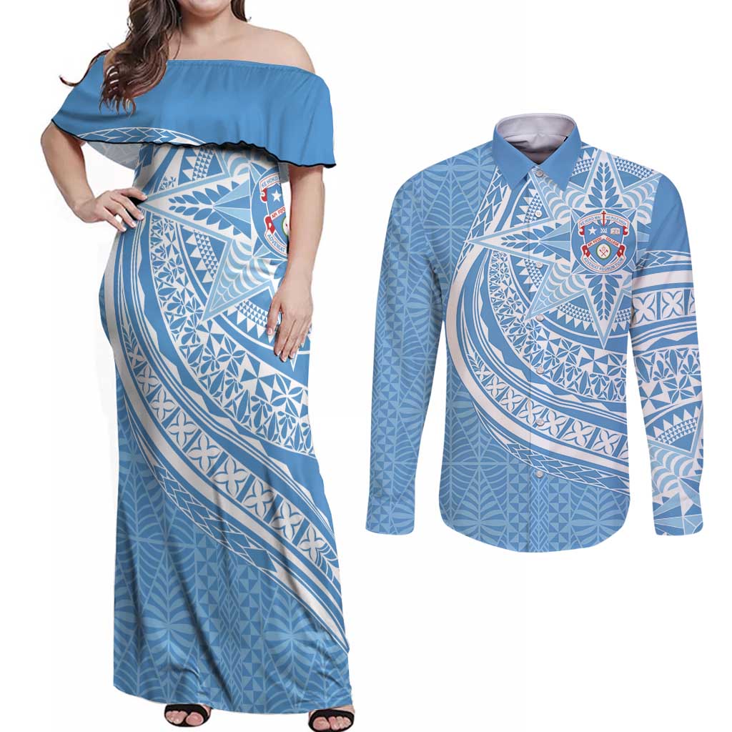 Tonga Apifo'ou Kolisi Personalized Couples Matching Off Shoulder Maxi Dress and Long Sleeve Button Shirt Ngatu Tokelaufeletoa Motifs LT7 Light Blue - Polynesian Pride