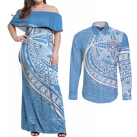 Tonga Apifo'ou Kolisi Personalized Couples Matching Off Shoulder Maxi Dress and Long Sleeve Button Shirt Ngatu Tokelaufeletoa Motifs LT7 Light Blue - Polynesian Pride