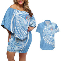Tonga Apifo'ou Kolisi Personalized Couples Matching Off Shoulder Short Dress and Hawaiian Shirt Ngatu Tokelaufeletoa Motifs LT7 Light Blue - Polynesian Pride