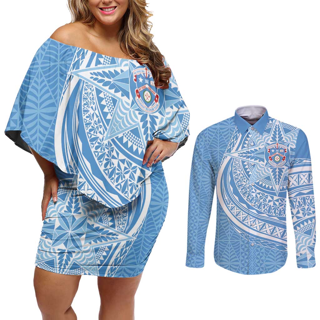 Tonga Apifo'ou Kolisi Personalized Couples Matching Off Shoulder Short Dress and Long Sleeve Button Shirt Ngatu Tokelaufeletoa Motifs LT7 Light Blue - Polynesian Pride