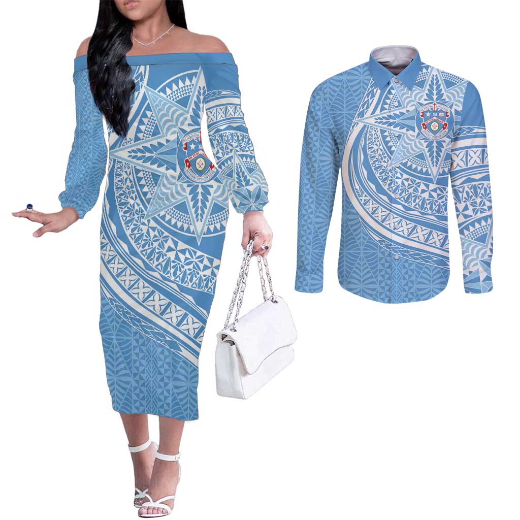 Tonga Apifo'ou Kolisi Personalized Couples Matching Off The Shoulder Long Sleeve Dress and Long Sleeve Button Shirt Ngatu Tokelaufeletoa Motifs LT7 Light Blue - Polynesian Pride