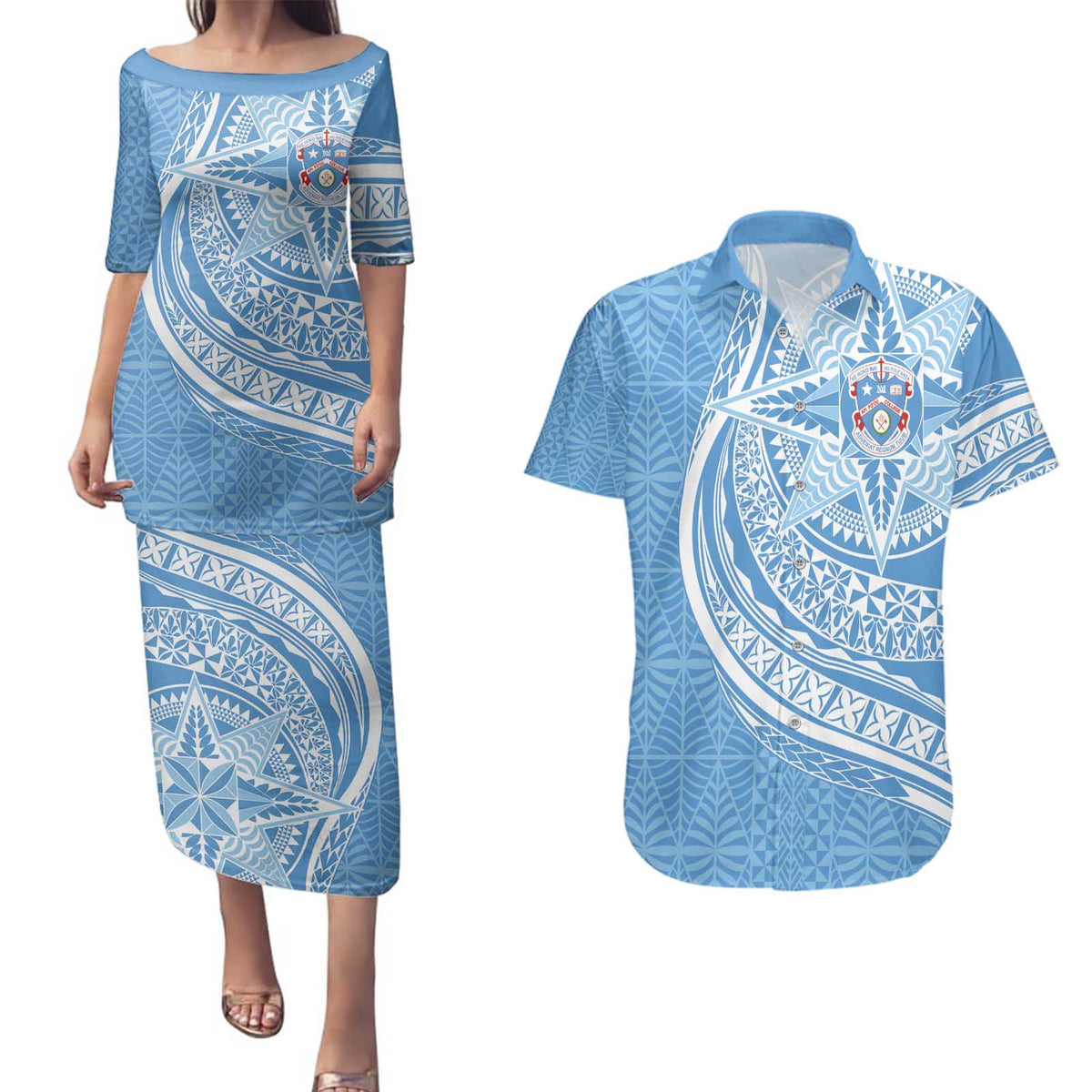 Tonga Apifo'ou Kolisi Personalized Couples Matching Puletasi and Hawaiian Shirt Ngatu Tokelaufeletoa Motifs LT7 Light Blue - Polynesian Pride
