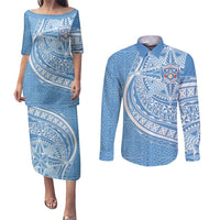 Tonga Apifo'ou Kolisi Personalized Couples Matching Puletasi and Long Sleeve Button Shirt Ngatu Tokelaufeletoa Motifs LT7 Light Blue - Polynesian Pride
