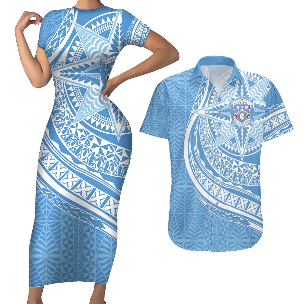Tonga Apifo'ou Kolisi Personalized Couples Matching Short Sleeve Bodycon Dress and Hawaiian Shirt Ngatu Tokelaufeletoa Motifs LT7 Light Blue - Polynesian Pride