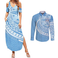 Tonga Apifo'ou Kolisi Personalized Couples Matching Summer Maxi Dress and Long Sleeve Button Shirt Ngatu Tokelaufeletoa Motifs LT7 Light Blue - Polynesian Pride