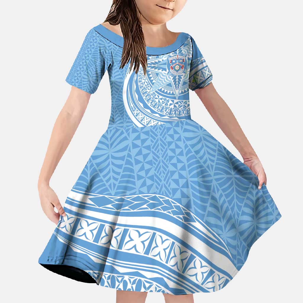 Tonga Apifo'ou Kolisi Personalized Family Matching Long Sleeve Bodycon Dress and Hawaiian Shirt Ngatu Tokelaufeletoa Motifs LT7 Daughter's Dress Light Blue - Polynesian Pride