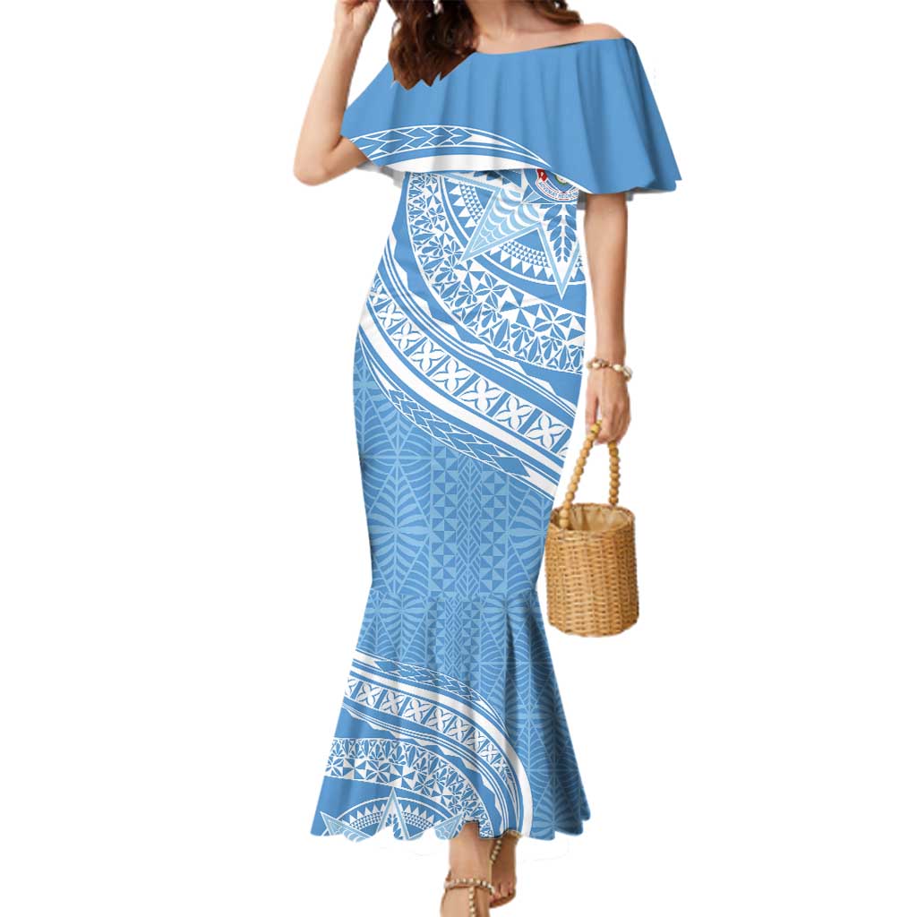 Tonga Apifo'ou Kolisi Personalized Family Matching Mermaid Dress and Hawaiian Shirt Ngatu Tokelaufeletoa Motifs LT7 Mom's Dress Light Blue - Polynesian Pride