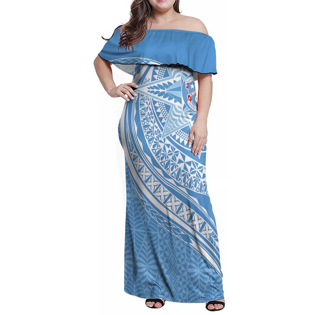 Tonga Apifo'ou Kolisi Personalized Family Matching Off Shoulder Maxi Dress and Hawaiian Shirt Ngatu Tokelaufeletoa Motifs LT7 Mom's Dress Light Blue - Polynesian Pride