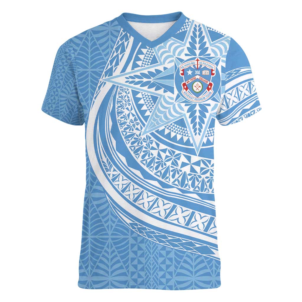Tonga Apifo'ou Kolisi Personalized Women V-Neck T-Shirt Ngatu Tokelaufeletoa Motifs LT7 Female Light Blue - Polynesian Pride