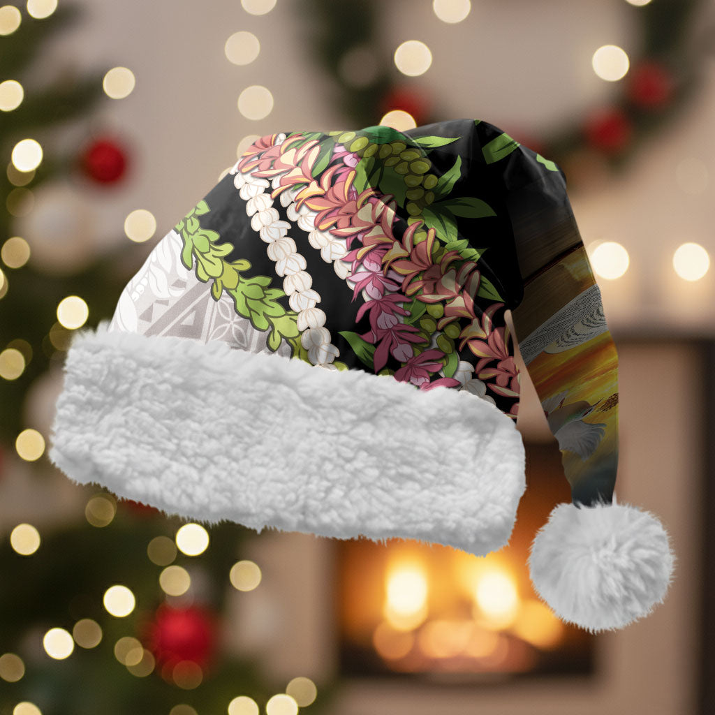 Hawaii Mokihana Mix Pikake Leis Mahalo 'Olelo Christmas Santa Hat Black LT7 With Fur Black - Polynesian Pride