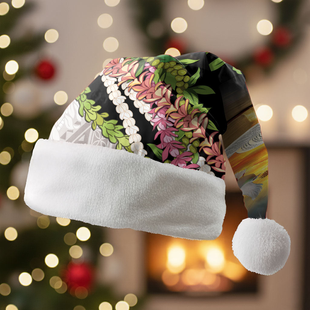 Hawaii Mokihana Mix Pikake Leis Mahalo 'Olelo Christmas Santa Hat Black LT7 Without Fur Black - Polynesian Pride