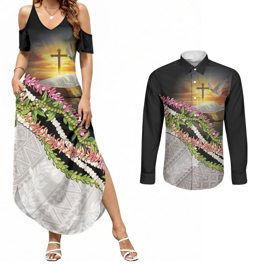 Hawaii Mokihana Mix Pikake Leis Mahalo 'Olelo Couples Matching Summer Maxi Dress and Long Sleeve Button Shirt Black LT7 Black - Polynesian Pride