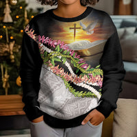 Hawaii Mokihana Mix Pikake Leis Mahalo 'Olelo Kid Ugly Christmas Sweater Black LT7 - Polynesian Pride