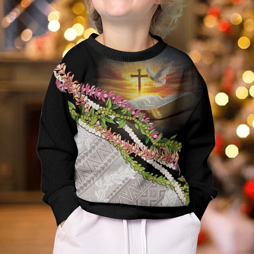 Hawaii Mokihana Mix Pikake Leis Mahalo 'Olelo Kid Ugly Christmas Sweater Black LT7 - Polynesian Pride
