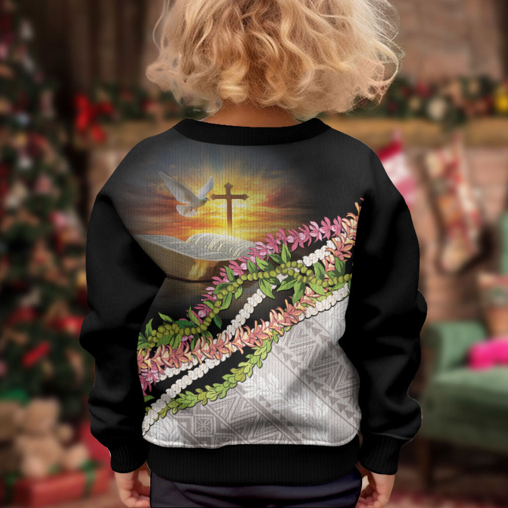Hawaii Mokihana Mix Pikake Leis Mahalo 'Olelo Kid Ugly Christmas Sweater Black LT7 - Polynesian Pride