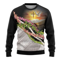 Hawaii Mokihana Mix Pikake Leis Mahalo 'Olelo Ugly Christmas Sweater Black LT7 - Polynesian Pride