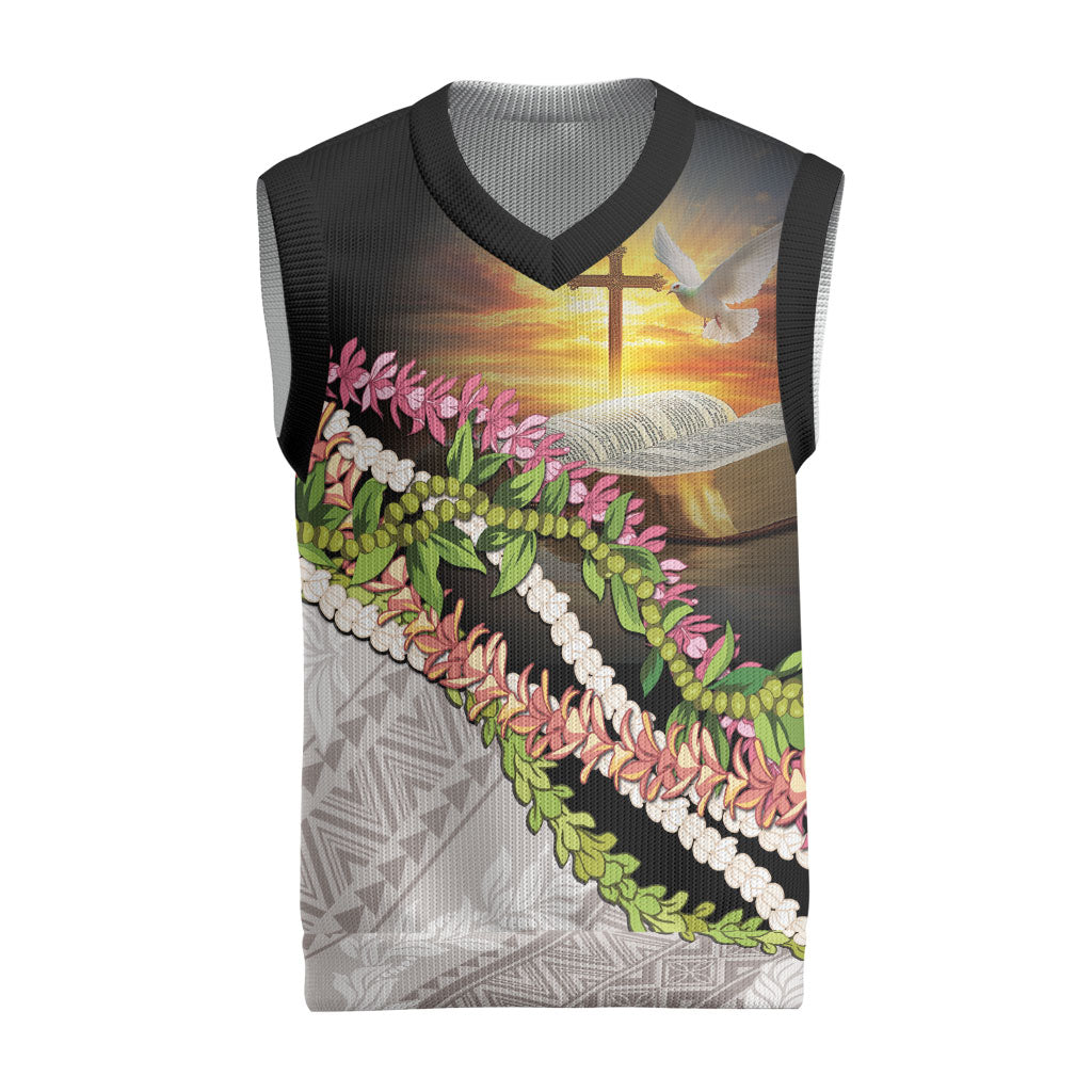 Hawaii Mokihana Mix Pikake Leis Mahalo 'Olelo Christmas Knitted V-Neck Vest Black LT7 Black - Polynesian Pride