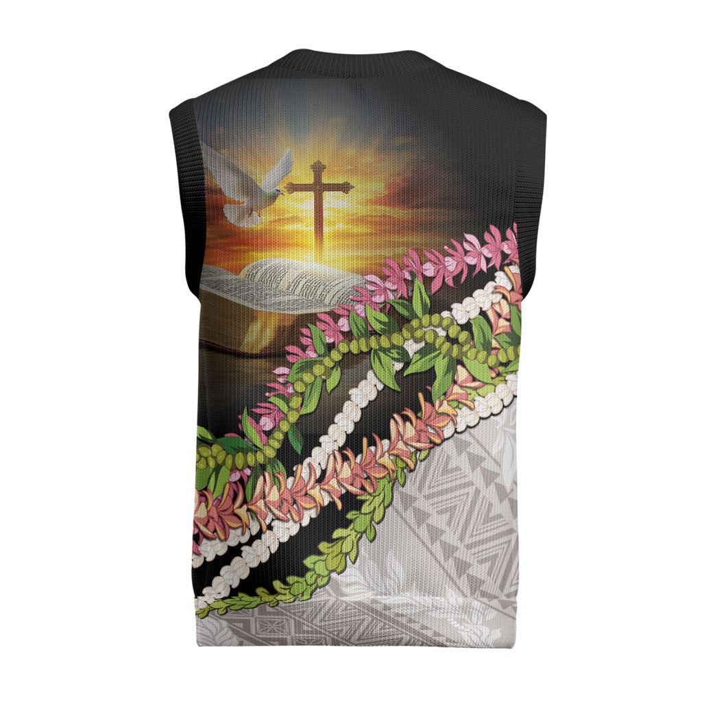 Hawaii Mokihana Mix Pikake Leis Mahalo 'Olelo Christmas Knitted V-Neck Vest Black LT7 - Polynesian Pride