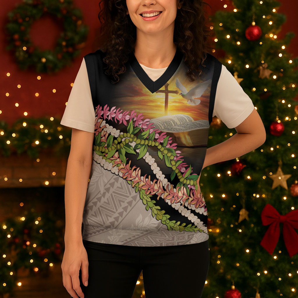Hawaii Mokihana Mix Pikake Leis Mahalo 'Olelo Christmas Knitted V-Neck Vest Black LT7 - Polynesian Pride