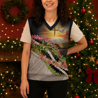 Hawaii Mokihana Mix Pikake Leis Mahalo 'Olelo Christmas Knitted V-Neck Vest Black LT7 - Polynesian Pride