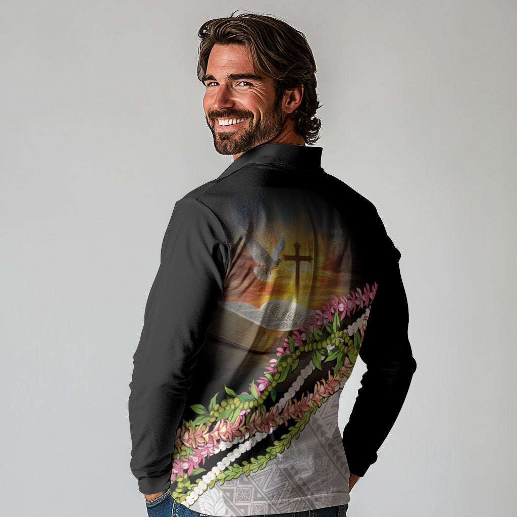 Hawaii Mokihana Mix Pikake Leis Mahalo 'Olelo Long Sleeve Polo Shirt Black LT7 - Polynesian Pride