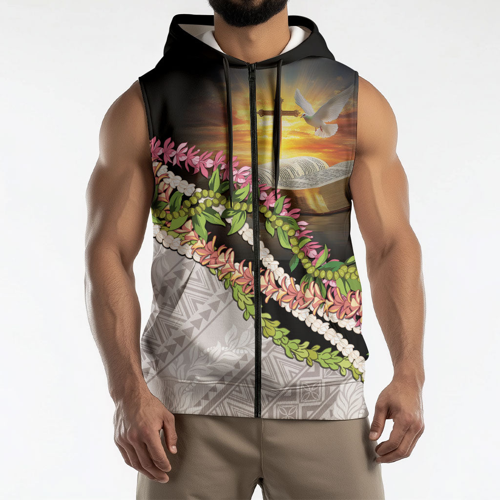Hawaii Mokihana Mix Pikake Leis Mahalo 'Olelo Sleeveless Zip Hoodie Black LT7 - Polynesian Pride