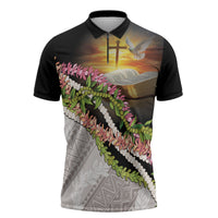Hawaii Mokihana Mix Pikake Leis Mahalo 'Olelo Zipper Polo Shirt Black LT7 Black - Polynesian Pride