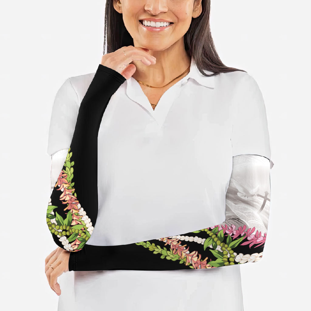 Hawaii Mokihana Mix Pikake Leis Mahalo 'Olelo Arm Sleeves White Tapa LT7 - Polynesian Pride