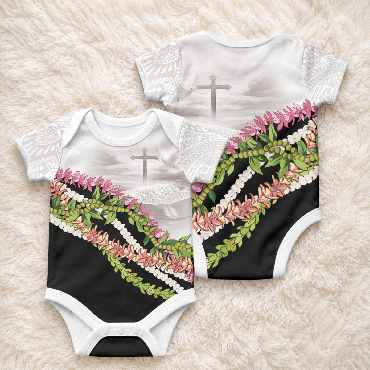 Hawaii Mokihana Mix Pikake Leis Mahalo 'Olelo Baby Onesie White Tapa