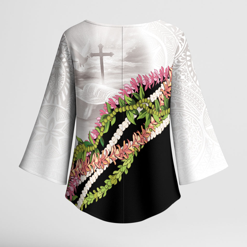 Hawaii Mokihana Mix Pikake Leis Mahalo 'Olelo Kimono Sleeve Blouse White Tapa LT7 - Polynesian Pride