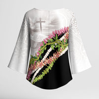 Hawaii Mokihana Mix Pikake Leis Mahalo 'Olelo Kimono Sleeve Blouse White Tapa LT7 - Polynesian Pride