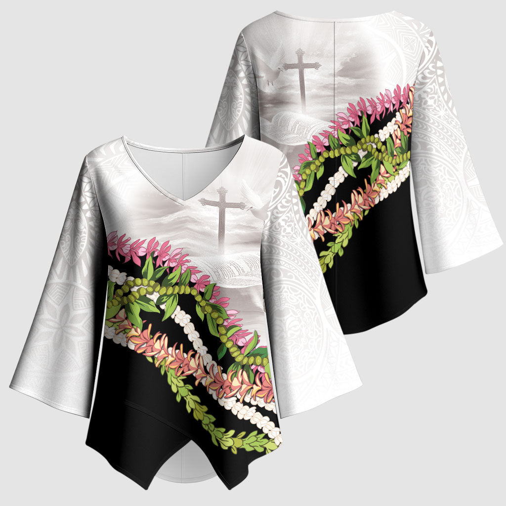 Hawaii Mokihana Mix Pikake Leis Mahalo 'Olelo Kimono Sleeve Blouse White Tapa LT7 - Polynesian Pride