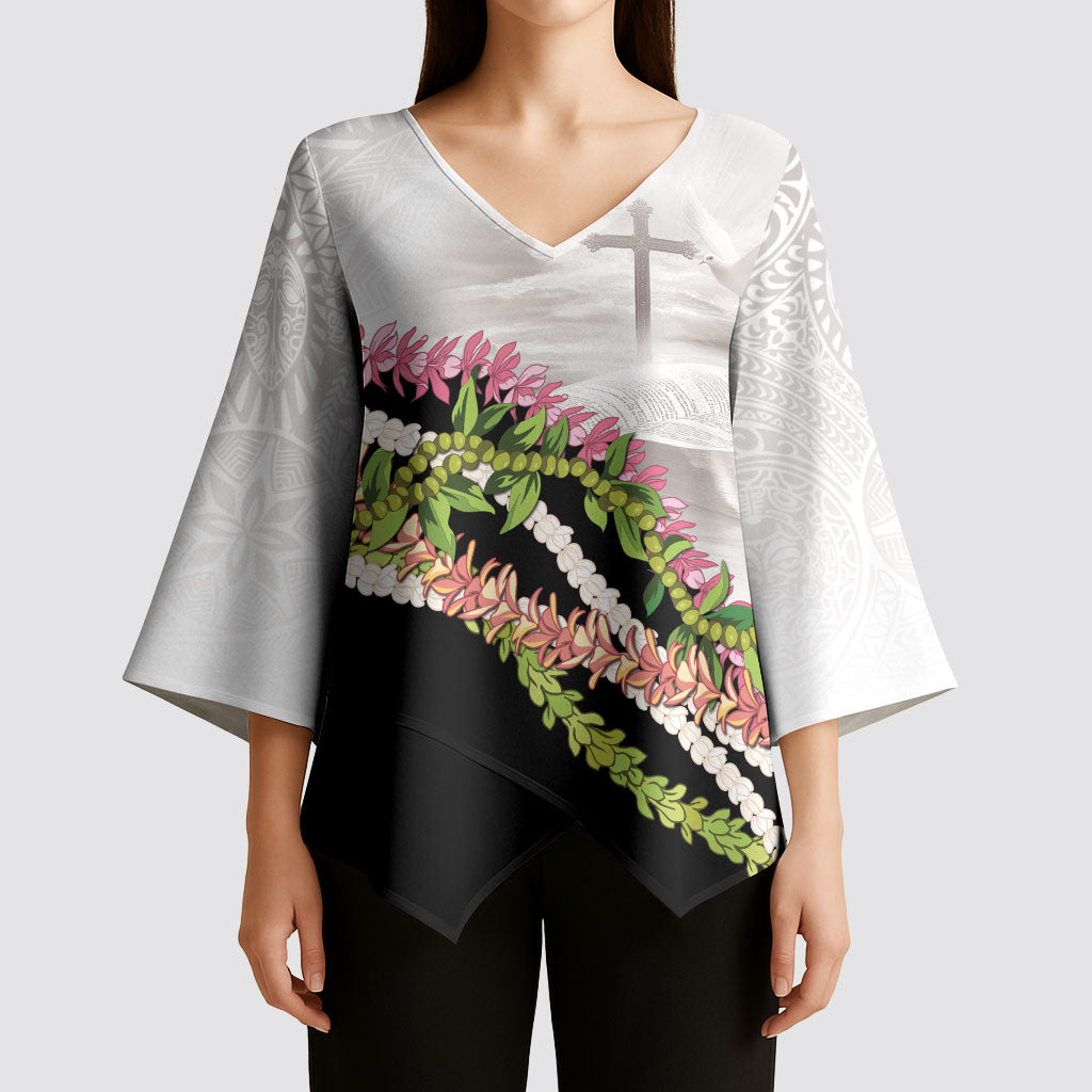 Hawaii Mokihana Mix Pikake Leis Mahalo 'Olelo Kimono Sleeve Blouse White Tapa LT7 - Polynesian Pride