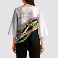 Hawaii Mokihana Mix Pikake Leis Mahalo 'Olelo Kimono Sleeve Blouse White Tapa LT7 - Polynesian Pride
