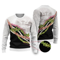 Hawaii Mokihana Mix Pikake Leis Mahalo 'Olelo Ugly Christmas Sweater White Tapa LT7 White - Polynesian Pride