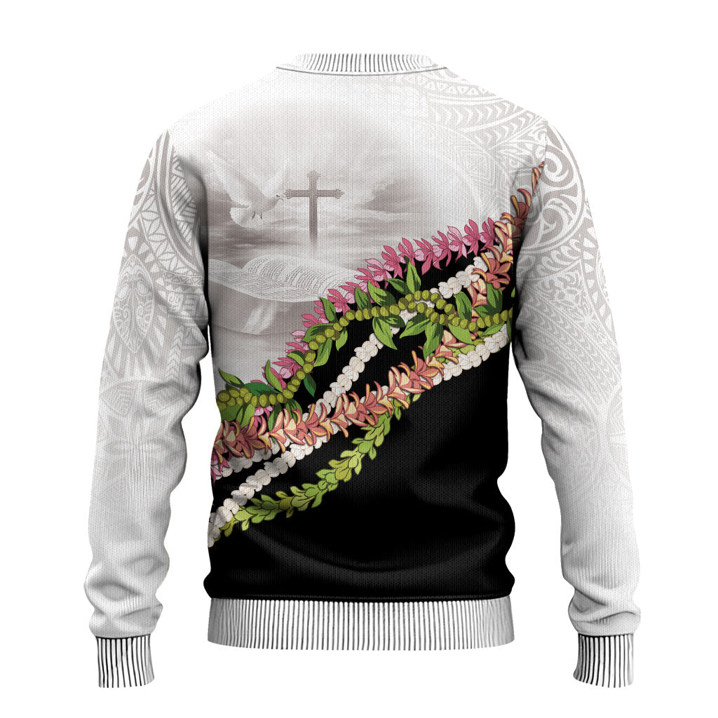 Hawaii Mokihana Mix Pikake Leis Mahalo 'Olelo Ugly Christmas Sweater White Tapa LT7 - Polynesian Pride