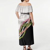 Hawaii Mokihana Mix Pikake Leis Mahalo 'Olelo Off Shoulder Maxi Dress White Tapa LT7 - Polynesian Pride