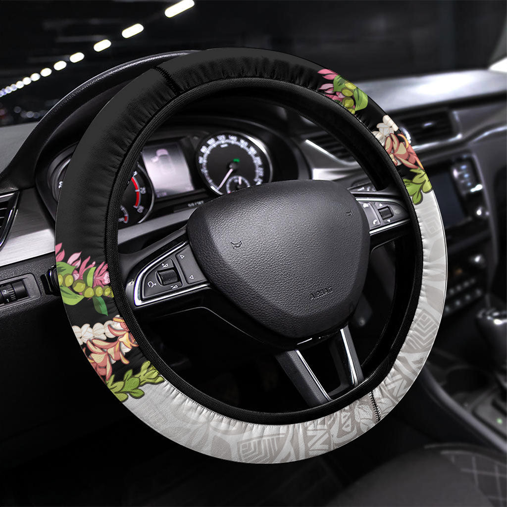 Hawaii Mokihana Mix Pikake Leis Mahalo 'Olelo Steering Wheel Cover White Tapa LT7 Universal Fit White - Polynesian Pride