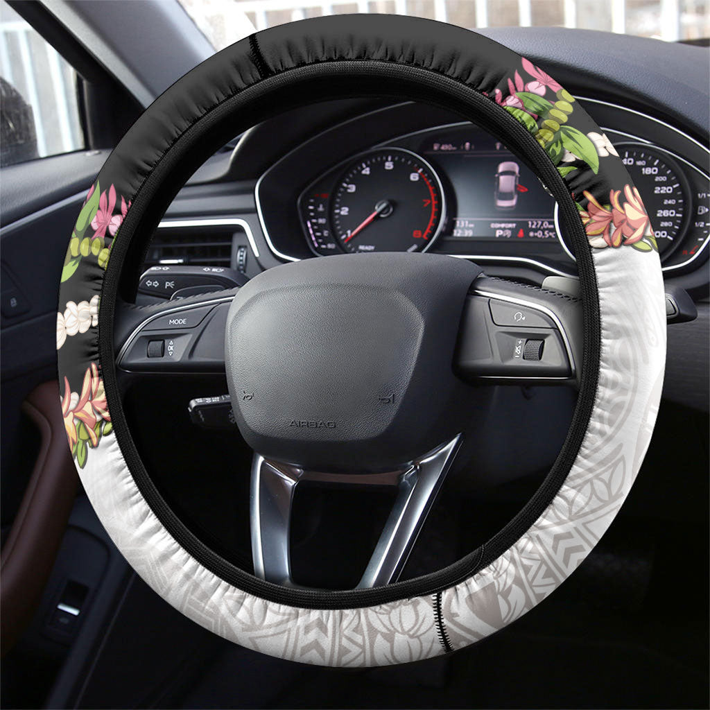 Hawaii Mokihana Mix Pikake Leis Mahalo 'Olelo Steering Wheel Cover White Tapa LT7 - Polynesian Pride
