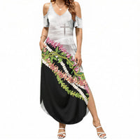Hawaii Mokihana Mix Pikake Leis Mahalo 'Olelo Summer Maxi Dress White Tapa LT7 Women White - Polynesian Pride