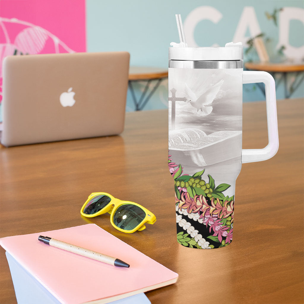 Hawaii Mokihana Mix Pikake Leis Mahalo 'Olelo Tumbler With Handle White Tapa LT7 - Polynesian Pride