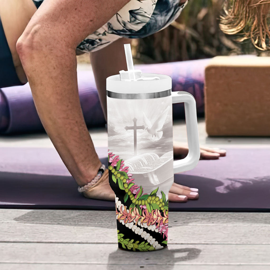 Hawaii Mokihana Mix Pikake Leis Mahalo 'Olelo Tumbler With Handle White Tapa LT7 - Polynesian Pride